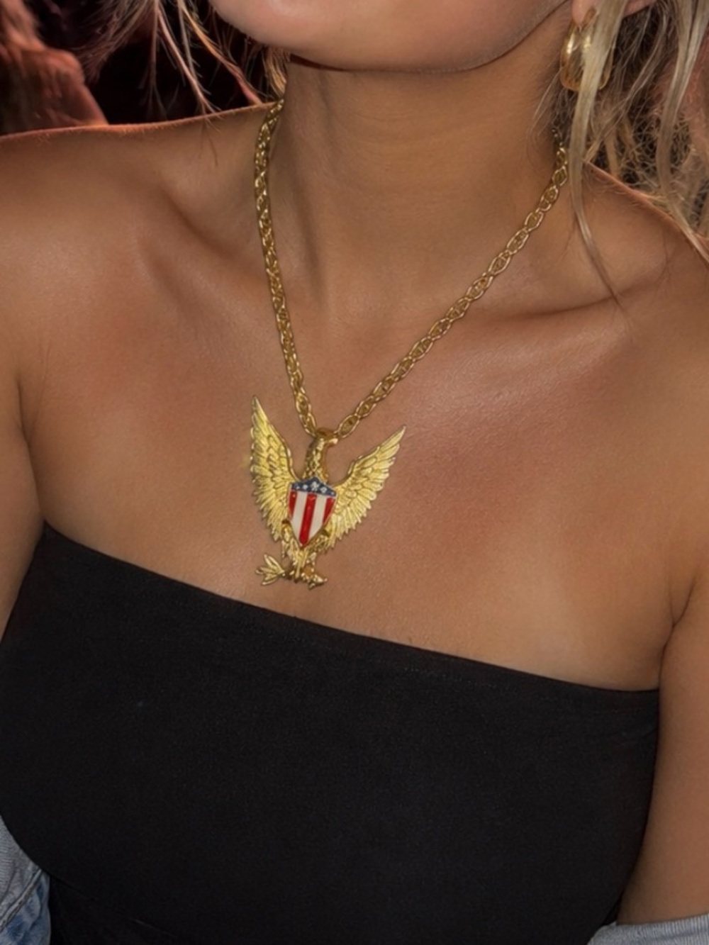 Gold Tone American Eagle Patriotic Necklace Red White Festival Western Concert